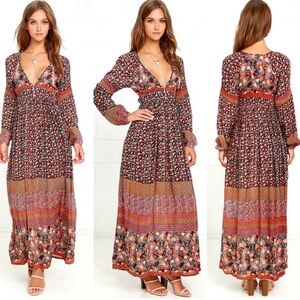 RAGA Anthropologie Tuscan Sunset Plunge Maxi Multi Dress Medium